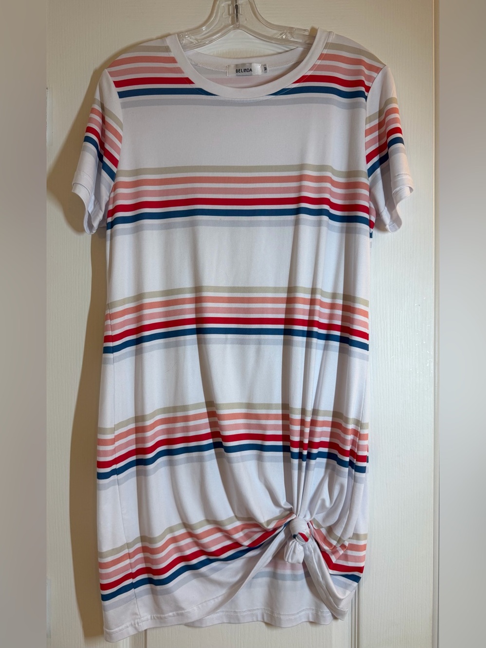 Classic White Short Sleeve Stripe T Shirt Dress - Multi-Color 35” length